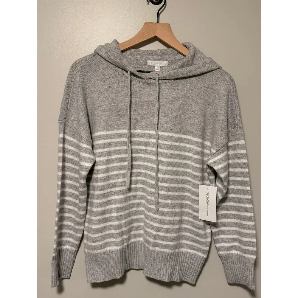 Design History Gray White Striped Knit Hoodie Sweater Pullover Size S NWT 023